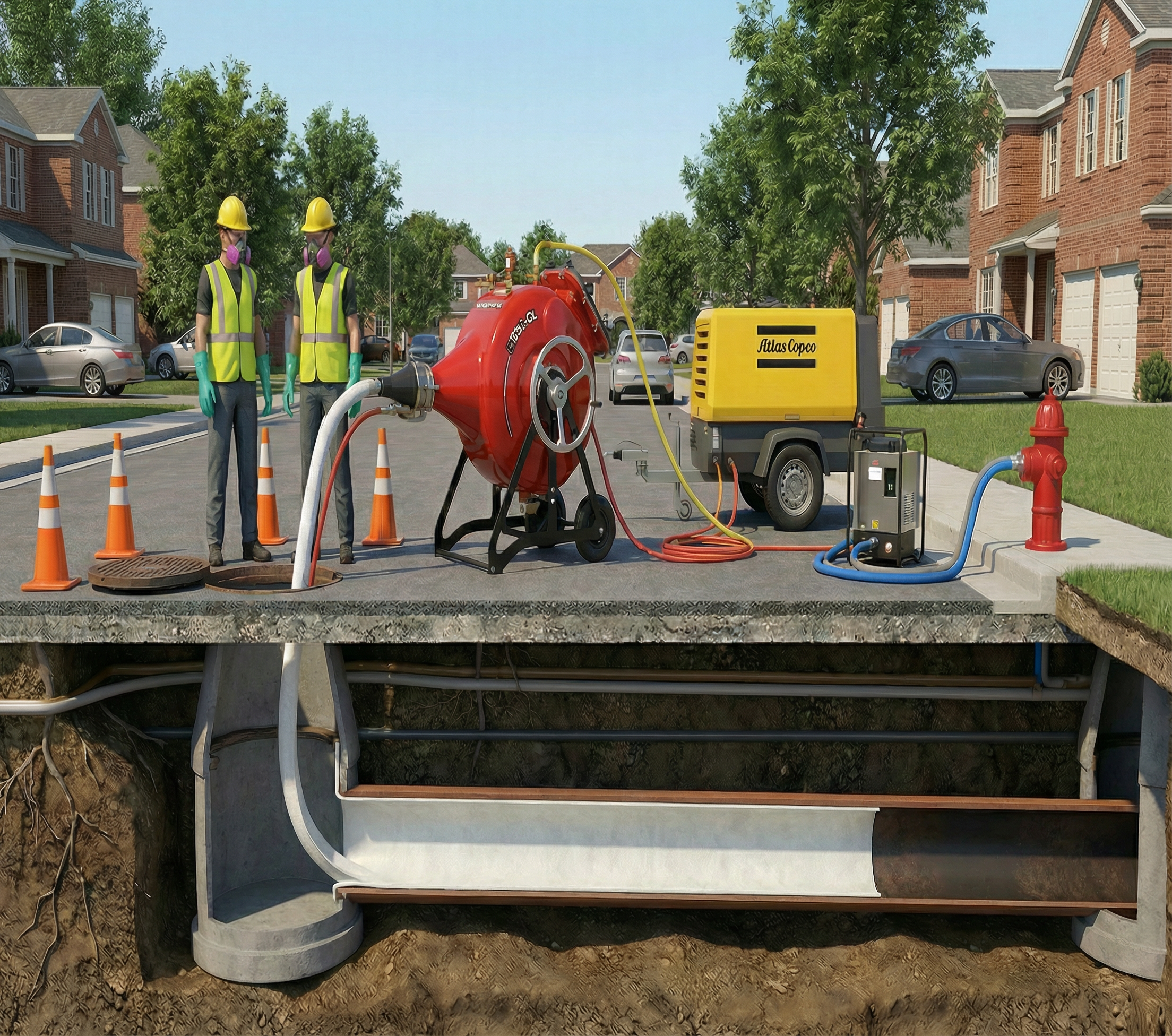 Diagrama explicativo del proceso de instalación CIPP lateral — Hydra Liner